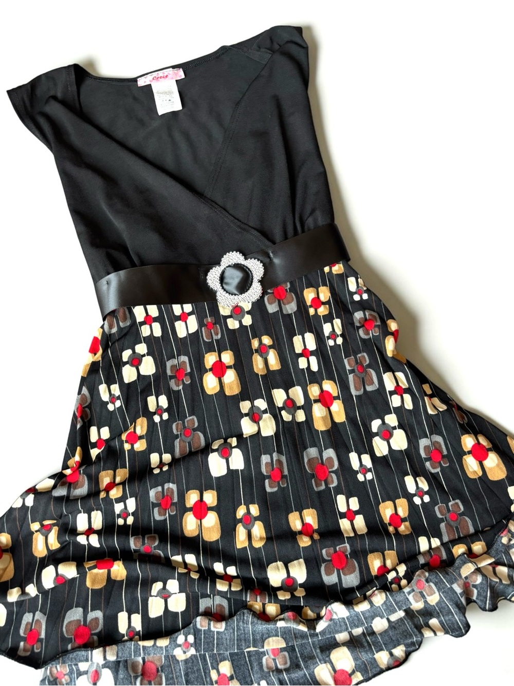 Y2K Crece Floral Faux Wrap Peplum Daisies Top
Rhinestone Buckle Made in USA S